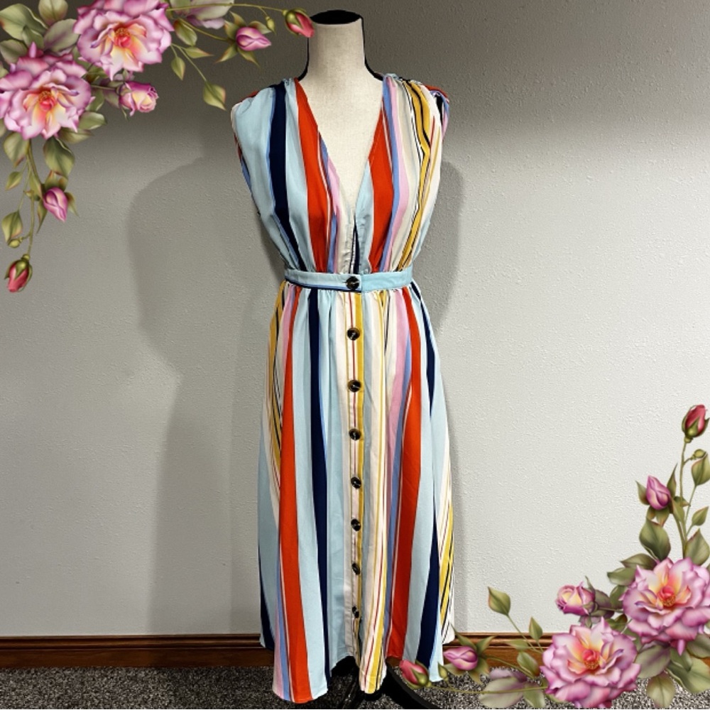 Bibi Colorful Striped Sleeveless Button Down Midi Dress